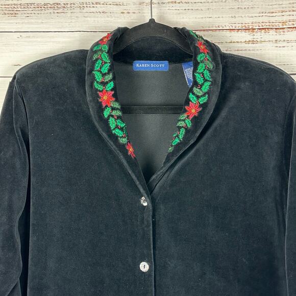 Womens VTG Karen Scott Black Velvet Velour Button Up Holiday Embroidered Top L - Picture 3 of 7